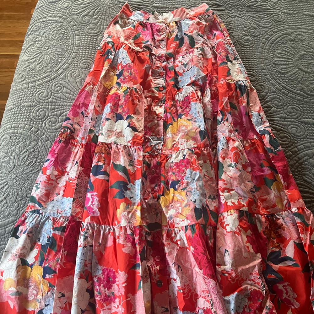 Cara Cara Nathali button front tiered maxi skirt size small Japanese floral red